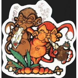  Smoking Monkeys with Pipe, Mushrooms & Joint on Clear 