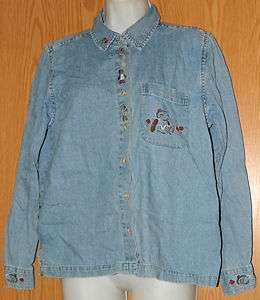 Womens Denim Embroidered Christopher & Banks Long Sleeve Shirt Size 