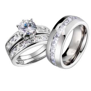 Pcs His Her Titanium Sterling Silver Wedding Princess/Round CZ Ring 
