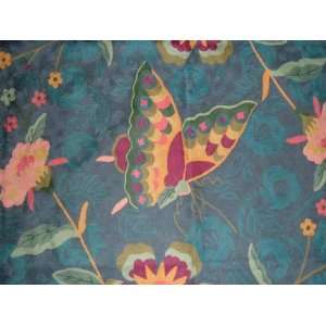  Crewel Rug Butterfly on Flowers Blue Chain Stitched Wool 