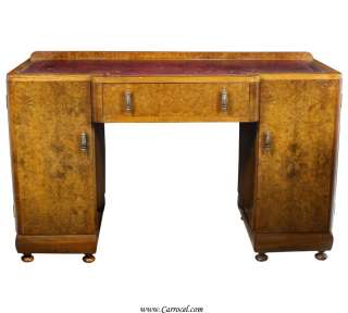   Art Deco Burled Walnut Burgundy Leather Top Writing Desk  