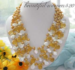 gems info 3row yellow rice white coin pearl drip citrine necklace i 