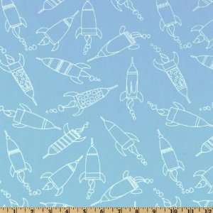  44 Wide Robots Linework Rockets Blue Fabric By The Yard 