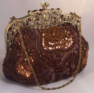 Brown Vintage Look Evening Bag RHINESTONE BEAD SEQUIN  