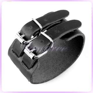 Black 2 ROW Buckle Leather Bracelet Wristband Cuff Cool  