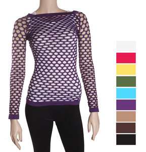 Womens long sleeve solid seamless mesh top,purple,green,pink,yellow 