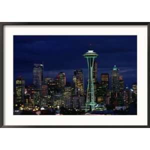 Skyline at Night with Space Needle Tower Seattle, Washington, USA 
