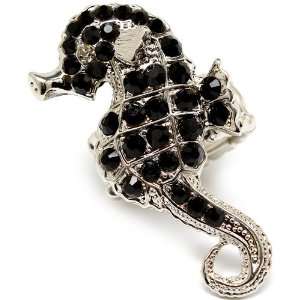 Large Seahorse 2 Fashion Statement Gunmetal Black Ring Embellished 