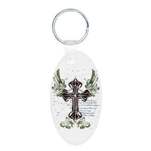    Aluminum Oval Keychain Scripted Winged Cross 