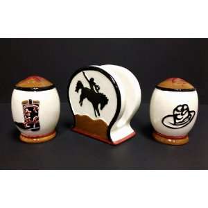  3pc Western Salt Pepper Shakers with Napkin Holder 