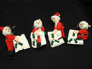 Vintage set of 4 SANTA Claus Santas NOEL Ornaments felt plush 