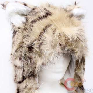 Tiger Cat Fluffy Plush Lapland Hat w/ Mittens Pocket Gloves Scarf 