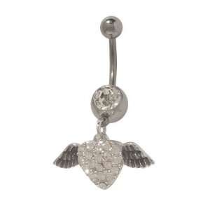  Dangler Heart with Angel Wings Belly Ring with Clear 
