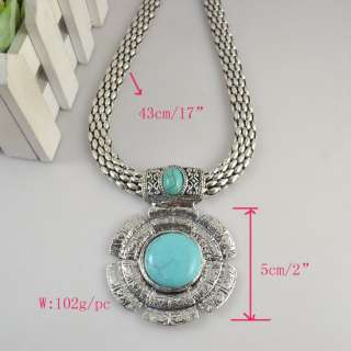 Antique Silver Plated Turquoise Stone Exotic Pendant Earring Necklace 