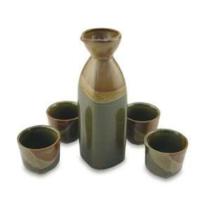  Sake Set with Pitcher and 4 Cups   Green, Yellow, Tan 