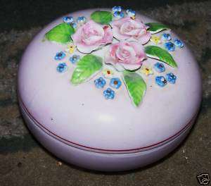 Vintage Rose Flower Ceramic Powder / Trinket Box  