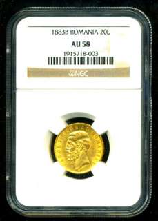 1883 B ROMANIA GOLD COIN 20 LEI * NGC CERTIFIED & GRADED SCARCE GEM 
