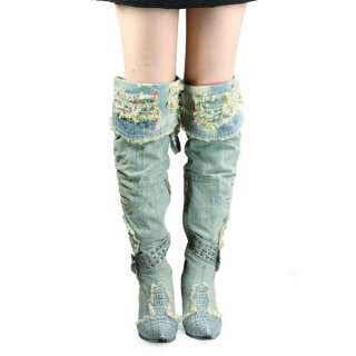   womens blue jeans thigh high over knee heels diamantes boots  