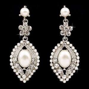 Bridal Wedding Crystal Rhinestone Pearl Elegant Dangle Earrings Silver 