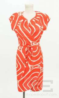 DVF Diane Von Furstenberg Orange Red & Cream Silk Print Wrap Dress 
