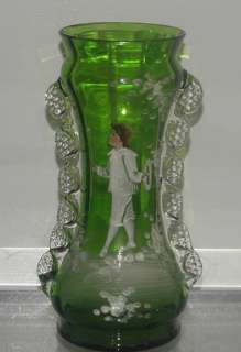 Superb Antique Mary Gregory Green Enamel Glass Vase NR  