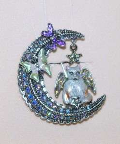 Kirks Folly Luna Kitty Cat Angel Crescent Moon Pin Brooch Silvertone 