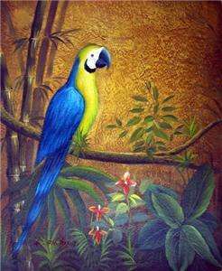 Birds Oil Painting Blue Parrot Macaw In Tree Forrest Lg  