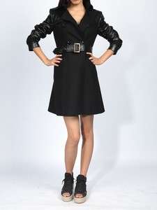 Black Faux leather Melton Wool Belt Buckle Women Trench Coat US Size 4 