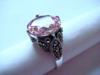 Vintage Silver Pink Topaz Marcasite Ring S 925 Signed  