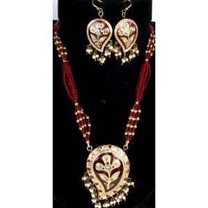  Seal Brown Meenakari Necklace and Earrings Set with Large 