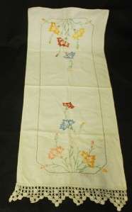 Flowered Table Runner Finished Embroidery 38 Lace VTG  