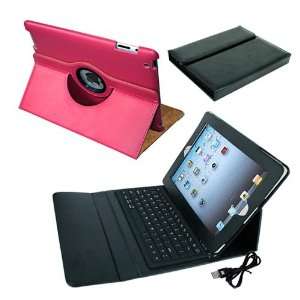 Skque Ipad Leather with Bluetooth Keyboard Case + Pink Leather Cover 