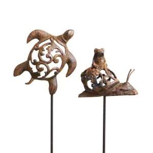  Pack of 4 Cast Iron Sea Turtle and Frog Garden Stakes 