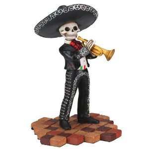 Skeleton Skull Black Mariachi Band Trumpet Statue Figurine  
