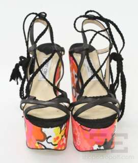 Jimmy Choo Black Leather & Multicolor Floral Print Wedge Sandals Size 