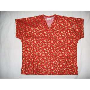 Christmas Scrub Top Red with Shimmering Gold Reindeer 