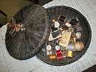 Antique Round Sewing Basket with Tassles Full of Vintage Spools 