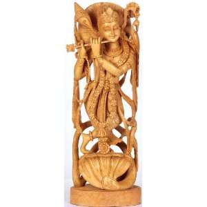  Shri Krishna Fluting on Kaliya   Kadamba Wood Sculpture 