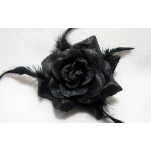  NEW Black Glitter Rose with Feathers Hair Flower Clip 