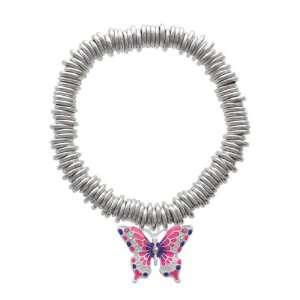 Large Hot Pink & Purple Butterfly Silver Plated Charm Links Bracelet 