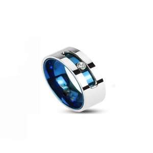 Stainless Steel Blue IP Double Layered Ring with a Rotating CZ Gem 