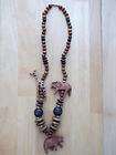 EXOTIC CARVED WOOD WILD AFRICAN ANIMALS NECKLACE WITH BEADS & SHELLS 