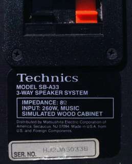 Vintage 260 Watts TECHNICS SPEAKERS each is 3 Way 2 Woofer SB A33 
