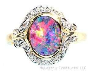   opal 16 diamonds 14K gold ring rare floral Australian opalo  