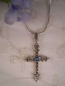 925 Silver Marcasite Cross Necklace w Blue Quartz Stone  