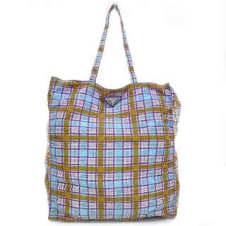 PRADA Tessuto Nylon Logo Plaid Shopping Tote Bag Purse  