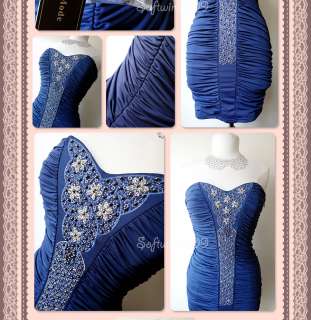 NWT Indigo Blue Embroidery Beads Embellished Ruched Fitted Cocktail 