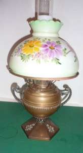 Solid Brass B&H oil lamp with green hand painted shade  