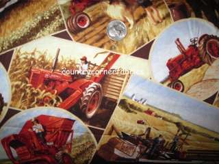   HARVESTER Cotton Fabric Picture Collage Print Red Tractor  