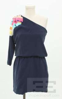 Tibi Navy Blue Silk & Multicolor Sequin One Shoulder Dress Size 2 